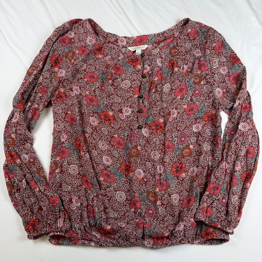 Lucky Brand Women Burgundy Red Floral Henley Peasant Blouse Long Sleeve Small